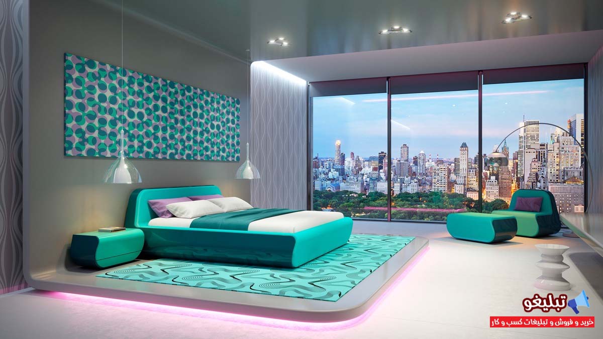ترکیب رنگ های خاکستری و فیروزه ایی در دکوراسیون اتاق خواب